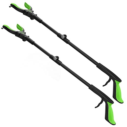 2-Pack Reacher Grabber Tool, 32" Grabbers for Elderly, Trash Picker Grabber with Light, Extended Claw Grabber Reacher Tool, Foldable Pick Up Grab Tool, Magnetic Sticks Grippers for Reaching (Green)