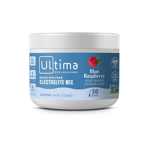 Ultima Replenisher Electrolyte Hydration Drink Mix, Blue Raspberry, 30 Servings - Sugar Free, 0 Calories, 0 Carbs - Gluten-Free, Keto, Non-GMO, Vegan, with Magnesium, Potassium, Calcium