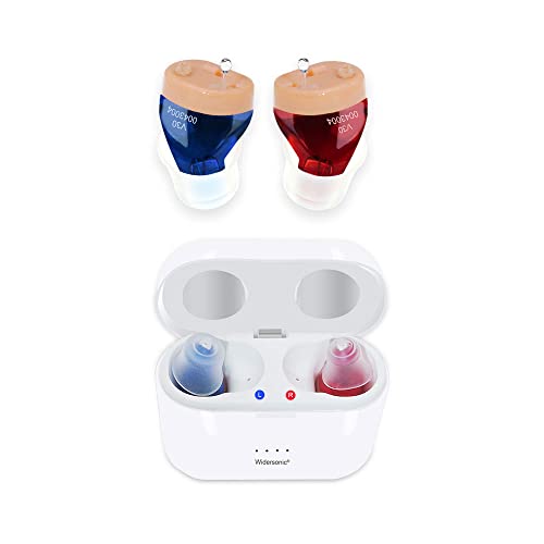 Mirasing Rechargeable Hearing Aids for Seniors & Adults, Invisible Hearing Aid With Noise Cancelling, Rechargeable Hearing Aid with Storage and Charging Combo Portable Charging Case, Two Blue & Red
