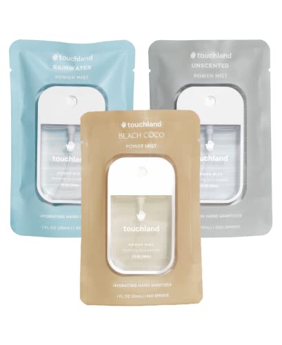 Touchland Power Mist Hydrating Hand Sanitizer Spray, DYE FREE 3-PACK (Rainwater, Unscented, Beach Coco), 500-Sprays each, 1FL OZ (Set of 3)