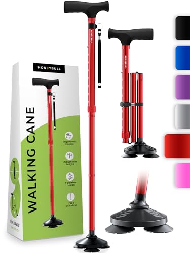 HONEYBULL Walking Cane for Men & Women - Foldable, Adjustable, Collapsible, Free Standing Cane, Pivot Tip, Heavy Duty, with Travel Bag | Walking Sticks, Folding Canes for Seniors & Adults [Red]