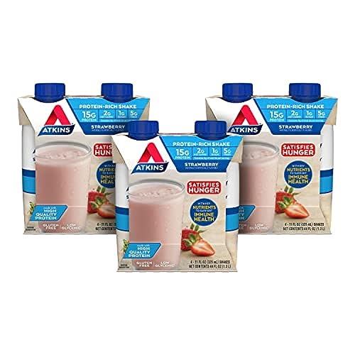 Atkins Strawberry Protein Shake, 15g Protein, Low Glycemic, 2g Net Carb, 1g Sugar, Keto Friendly, 12 Count