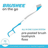 Brushee - The Evolution of Oral Care | 3-in-1 Tool (Pre-Pasted Mini-Brush + Floss + Pick) | Individually Wrapped | Disposable | Prepasted Travel Toothbrushes | Small Adult Toothbrush - (72-Pack)