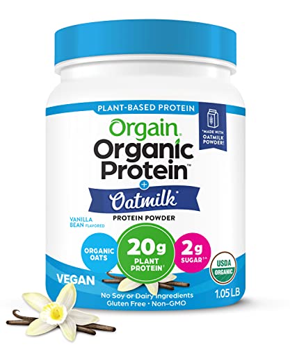 Orgain Organic Vegan Protein Powder + Oat Milk, Vanilla Bean - 20g Plant Based Protein with Milk, Gluten Free, Dairy Free, Lactose Free, Soy Free, Low Sugar, Non GMO, Kosher - 1.05lb