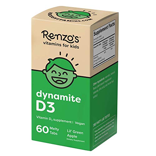 Renzo's Vitamin D3 for Kids - Vegan Vitamin D for Kids with Zero Sugar, Non-GMO Vitamin D3 1000 IU, Lil' Green Apple Flavor, Dissolvable and Easy to Take Chewable Vitamin D Tablets [60 Melty Tabs]