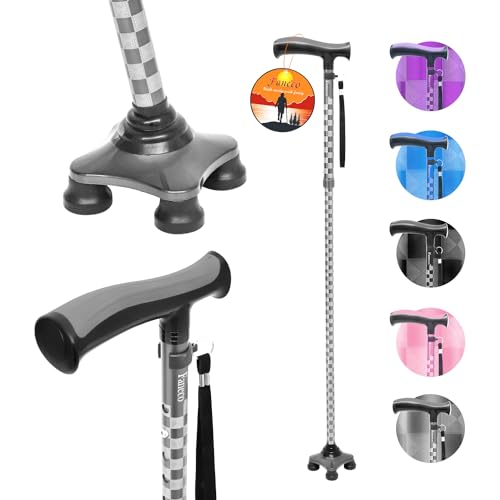 FANECO Walking Cane for Women/Men, Free Standing Folding Cane for Seniors, Pivoting Quad Base for Balance and Stability, Lightweight Adjustable Walking Stick for Elderly