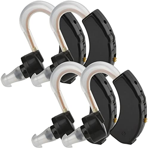 Digital Hearing Amplifiers - Set of 4 Small BTE Sound Amplifiers - Behind The Ear Personal Amplification Device and Sound Enhancer Aids with Noise Reducing Feature for Adults, Seniors & Women, Black