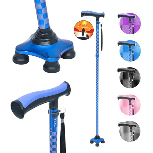 FANECO Walking Cane for Women/Men, Free Standing Folding Cane for Seniors, Pivoting Quad Base for Balance and Stability, Lightweight Adjustable Walking Stick for Elderly