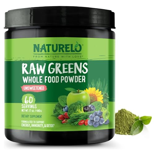 NATURELO Raw Greens Superfood Powder - Unsweetened - Boost Energy, Detox, Enhance Health - Organic Spirulina - Wheat Grass - Whole Food Nutrition from Fruits & Vegetables - 60 Servings
