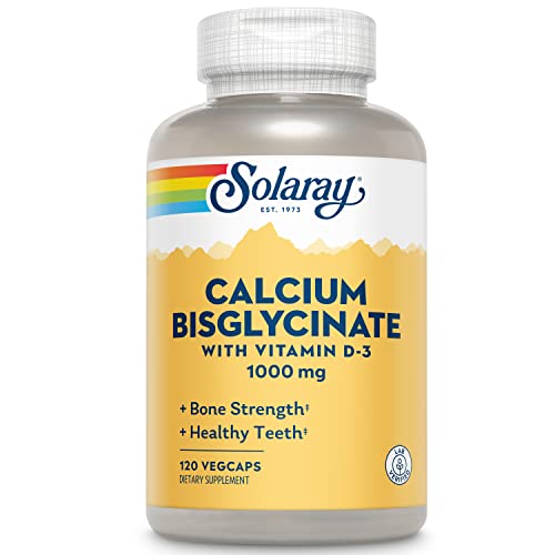 Solaray Calcium Bisglycinate 1000mg with Vitamin D-3, Chelated Calcium Supplement for Bone Strength and Healthy Teeth Support, Enhanced Absorption and Easy to Digest, 30 Servings, 120 VegCaps