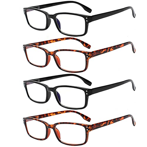 Kerecsen READING GLASSES 4 Pack Spring Hinge Comfort Readers Plastic Includes Sun Readers (2 Black 2 Tortoise, 6.00)