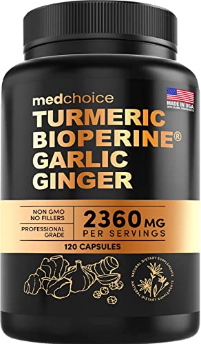 4-in-1 Turmeric and Ginger Supplement with Bioperine 2360 mg (120 ct) Root Capsules with Garlic - Turmeric Curcumin with Black Pepper for Joint, Digestion & Immune Support (Pack of 1)