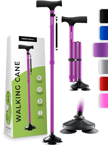 HONEYBULL Walking Cane for Men & Women - Foldable, Adjustable, Collapsible, Free Standing Cane, Pivot Tip, Heavy Duty, with Travel Bag | Walking Sticks, Folding Canes for Seniors & Adults [Purple]
