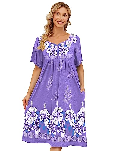 House Dresses for Women with Pockets Moomoo House Coat Batas De Dormir Para Mujer Grandma Dress Mumu Dresses Plus Size House Dresses for Elderly Housecoat Mumu Dresses for Women Plus Size Purple 3XL