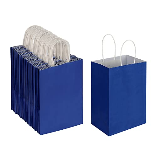 Oikss 100 Pack 5.25x3.25x8.25 inch Small Kraft Bags with Handles Bulk, Paper Bags Birthday Wedding Party Favors Grocery Retail Shopping Business Goody Craft Gift Bags Sacks (Royal Blue 100PCS Count)
