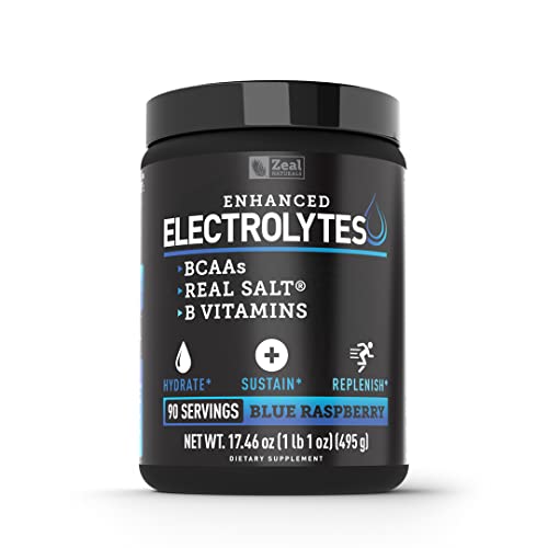 Enhanced Electrolyte Powder (Blue Raspberry | 90ct.) + BCAA, B-Vitamins & Real Salt® - Hydration Powder w Potassium, Sodium, Zinc, Magnesium for Hydration