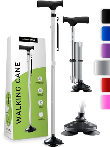 HONEYBULL Walking Cane for Men & Women - Foldable, Adjustable, Collapsible, Free Standing Cane, Pivot Tip, Heavy Duty, with Travel Bag | Walking Sticks, Folding Canes for Seniors & Adults [Silver]