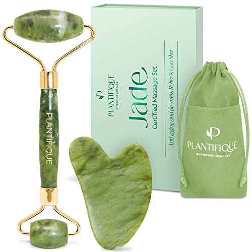 Jade Roller for Face and Gua Sha Facial Tools - Includes Real Jade Roller and Gua Sha Set - Certified Face Roller and GuaSha for Your Skincare Routine by Plantifique