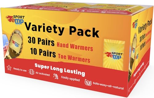 Hand & Toe Warmers - Variety Pack, 30 Pairs Hand Warmers, 10 Pairs Toe Warmers with Adhesive - Safe, Easy, All Natural - Air Activated, Body, Hands & Toes -Odorless Hot Hand & Toe Warmer - Sport Temp