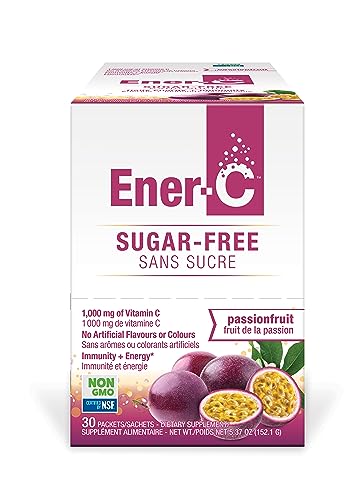 Ener-C Sugar Free Passion Fruit Multivitamin Drink Mix, 1000mg Vitamin C, Non-GMO, Vegan, Real Fruit Juice Powders, Natural Immunity Support, Electrolytes, Gluten Free, 1-Pack of 30