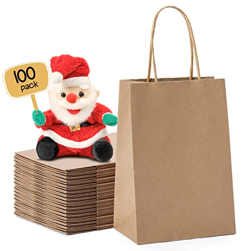 METRONIC Paper Gift Bags 5.25x3.75x8'' 100Pcs Brown Paper Bags with Handles Bulk, Kraft Paper Bags for Small Business, Birthday Wedding Party Favor Bags, Christmas Gift bags, Retail shopping Bags