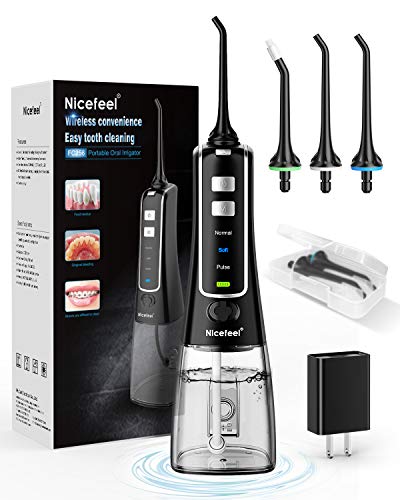 Nicefeel Cordless and Rechargeable Water Flosser - 300ML Water Tank Oral Irrigator, 4 Jet Tips, 3 Pressure Modes - IPX7 Waterproof and Travel Friendly for Dental Care Black