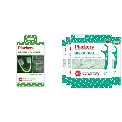Plackers Grind No More Night Guard, Nighttime Protection for Teeth, Sleep Well, BPA Free, Ready to Wear, Disposable, One Size Fits All, 10 Count & Micro Mint Dental Floss Picks, 150 Count, Pack of 4