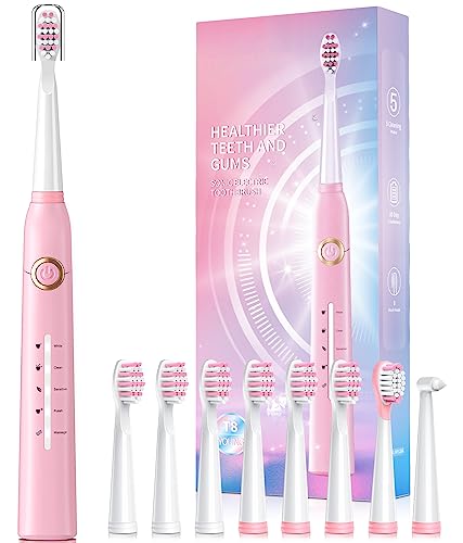 TEETHEORY Upgraded Version-Sonic Electric Toothbrush for Adults with 8 Brush Heads, Power Electric Toothbrush with 40000 VPM 5 Modes, Rechargeable Fast Charge 4 Hours (Pink)