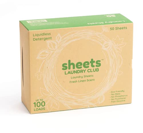 Sheets Laundry Club - Laundry Detergent - (Up to 100 Loads) 50 Laundry Sheets- Fresh Linen Scent - No Plastic Jug - New Liquid-Less Technology - Lightweight - Easy To Use -
