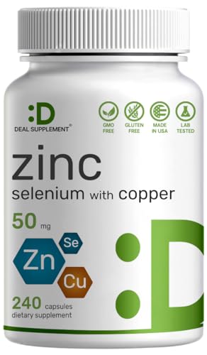 Zinc 50mg with Selenium 200mcg + Copper, 240 Capsules, 8 Month Supply, 3 in 1 Mineral Formula, Zinc Picolinate Complex Supplement, Supports Healthy Immune System for Adults and Kid