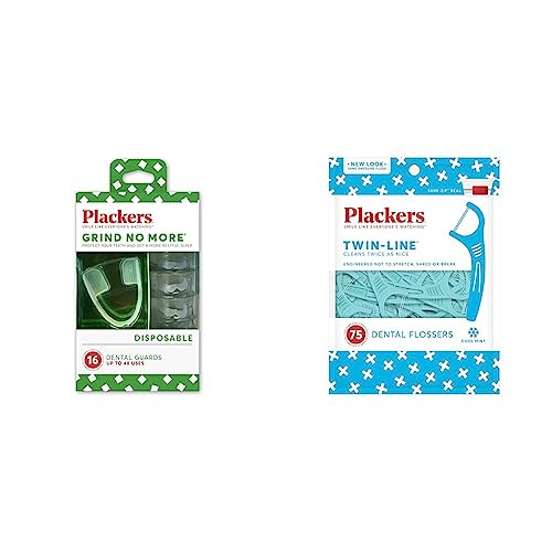 Plackers Grind No More Night Guard, 16 Count & Twin-Line Dental Flossers, Cool Mint Flavor, Dual Action Flossing System, Easy Storage, Super Tuffloss, 2X The Clean, 75 Count