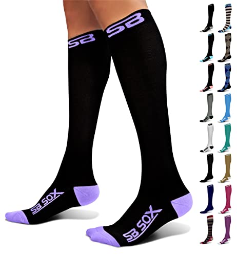 SB SOX Compression Socks (20-30mmHg) for Men & Women – Best Compression Socks for All Day Wear, Better Blood Flow, Swelling! (Small, Black/Purple)