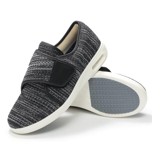 QHBPMGAD Womens Diabetic Shoes for Women Wide Width Elderly Shoes with Adjustable Closure Breathable Swollen Feet Walking Edema Sneakers Black Grey Size 9