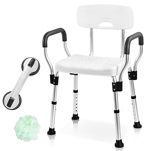 Sangohe Shower Chair for Inside Shower, Heavy Duty Shower Seat with Back, Shower Chair for Bathtub with Arms for Handicap, Shower Seats for Elderly with Bath Ball and Wall-Mount Handle, 796C-B
