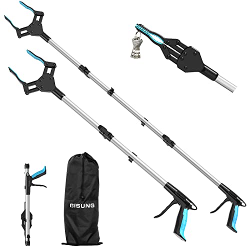 Reacher Grabber Tool Heavy Duty, 2-Pack 44" & 34" Extra Long Foldable Grabbers for Elderly with Upgraded Rotating Anti-Slip Jaw & 2 Drawstring Bags, Sturdy Reaching Assist Tool for Trash Pick Up, Aid