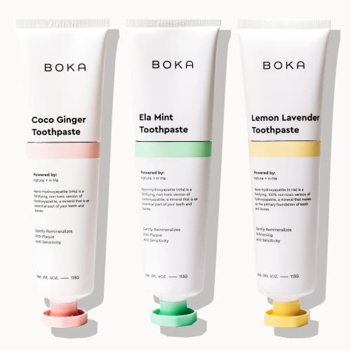 Boka Fluoride Free Toothpaste - Nano Hydroxyapatite, Remineralizing & Whitening - Dentist Recommended for Adult, Kids - Ela Mint, Coco Ginger, Lemon Lavender Natural Flavor, 4oz 3Pk - US Manufactured