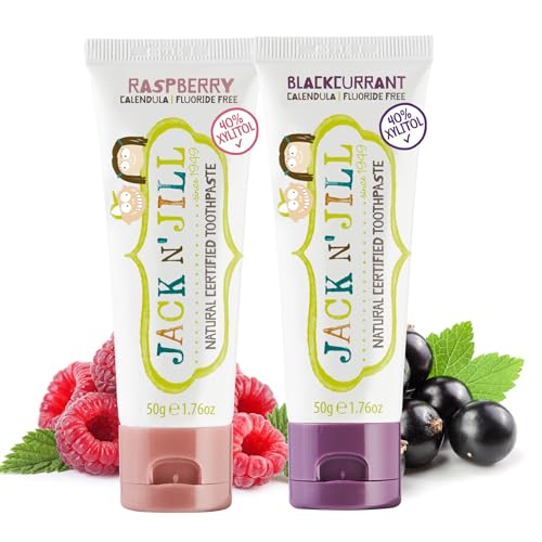 Jack N' Jill Natural Toothpaste - Safe if Swallowed, Contains 40% Xylitol, Fluoride Free, Organic Fruit Flavor, Makes Tooth Brushing Fun for Kids - Blackcurrant & Raspberry, 1.76 oz (Pack of 2)