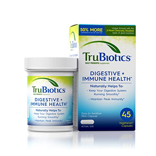 TruBiotics Probiotics for Digestive & Immune Health, Supports Regularity & Helps Relieve Abdominal Discomfort, Gas & Bloating, 2 Clinically Studied Probiotic Strains, Plus Prebiotics, 45 Capsules