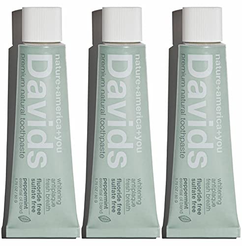 Davids Natural Toothpaste for Teeth Whitening, Peppermint, Antiplaque, Fluoride Free, SLS Free, EWG Verified, Recyclable Metal Tube, 1.75 OZ, TSA Approved Travel Size (3 Pack)