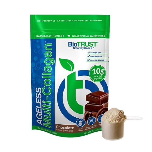 BioTrust Ageless Multi Collagen Peptides Powder – 5 Types (I, II, III, V, X) – Hydrolyzed Protein for Hair, Skin, Nails, Joint Health – Grass Fed Beef, Fish, Chicken, Eggshell Membrane (Chocolate)