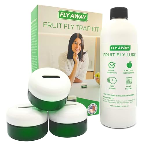 Fly Away - Indoor Fruit Fly Trap Kit. Reusable & Refillable Traps (3), Trap Flies for Over 90 Days with Liquid Bait Lure, Stylish Design - Perfect for Home Kitchens, Bars, Restaurants, and Wineries.