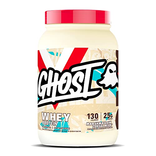 GHOST Whey Protein Powder, Marshmallow Cereal Milk - 2LB Tub, 25G of Protein - Flavored Isolate, Concentrate & Hydrolyzed Whey Protein Blend - Post Workout Shakes - Soy & Gluten Free
