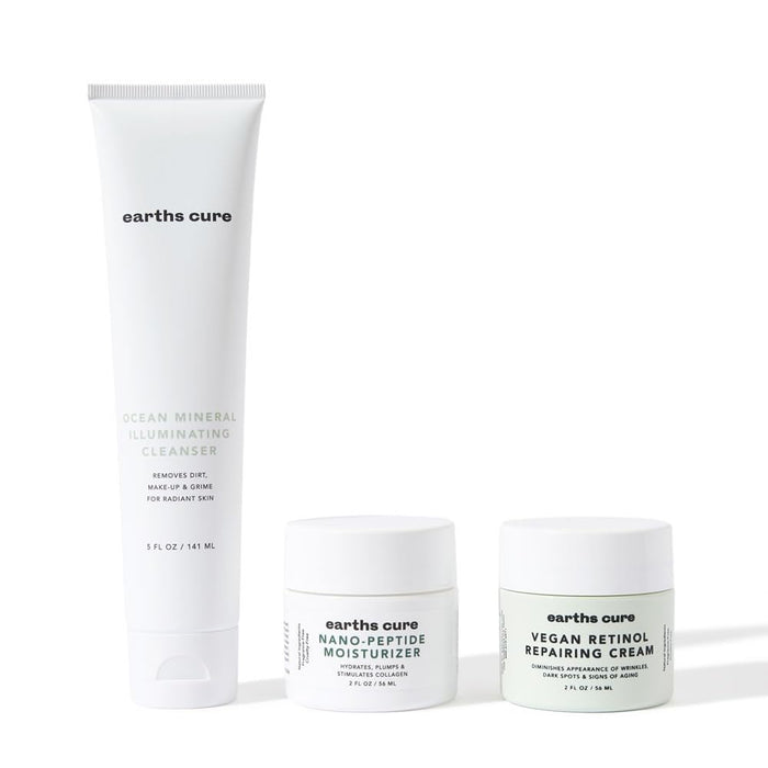 EarthsCure 3 Step Anti-Aging Routine - Simple Routine for Wrinkles, Dark Spots, and Smoother Skin. Contains Ocean Minerals, Nano Peptides & Vegan Retinol. Sensitive Skin Safe.