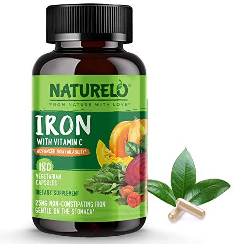 NATURELO Vegan Iron Supplement with Vitamin C and Organic Whole Foods - Gentle Iron Pills for Women & Men with Iron Deficiency Including Pregnancy, Anemia and Vegan Diets - 180 Mini Capsules