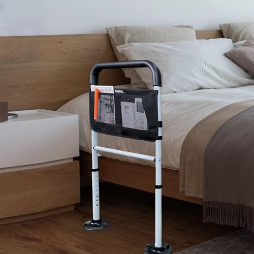 Bed Rails for Elderly Adults Safety with Adjustable Heights Storage Pocket Assist Support Side Railings for Seniors Citizens Slides Under Mattressbed Cane Medical Bed Guard Bed Handles Bars(Grey)