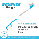 Brushee - The Evolution of Oral Care | 3-in-1 Tool (Pre-Pasted Mini-Brush + Floss + Pick) | Individually Wrapped | Disposable | Prepasted Travel Toothbrushes | Small Adult Toothbrush (48 Pack)