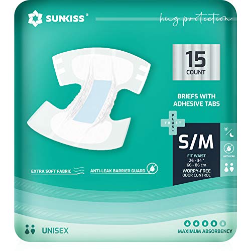 SUNKISS TrustPlus Adult Diapers with Maximum Absorbency, Disposable Incontinence Briefs with Tabs for Men and Women, Maximum Overnight Absorbency, Leak Protection, Small/Medium, 15 Count