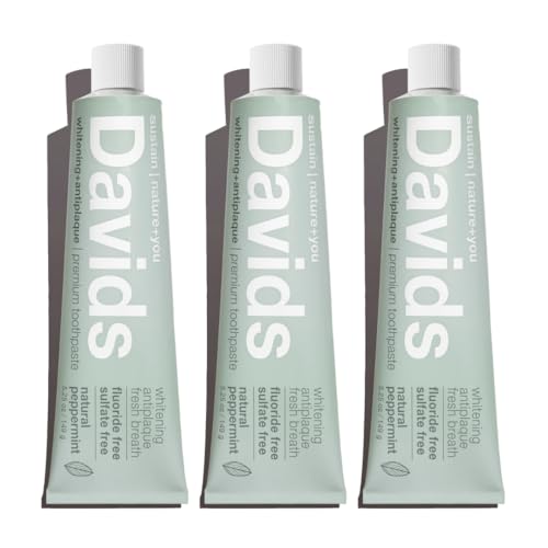 Davids Natural Toothpaste for Teeth Whitening, Peppermint, Antiplaque, Fluoride Free, SLS Free, EWG Verified, Toothpaste Squeezer Included, Recyclable Metal Tube, 5.25oz (3 Pack)