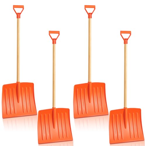 Gisafai 4 Pcs Winter Kids Snow Shovel Plastic Shovel Portable Shovel with D Grip Wooden Handle for Truck Camping Driveway Garage Snow Removal Accessory, 35 x 12 Inch
