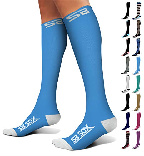 SB SOX Compression Socks (20-30mmHg) for Men & Women – Best Compression Socks for All Day Wear, Better Blood Flow, Swelling! (Large, Blue/White)
